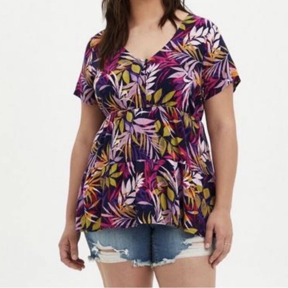 Torrid Tropical Tiered Babydoll Top Size 3 Purple Pink